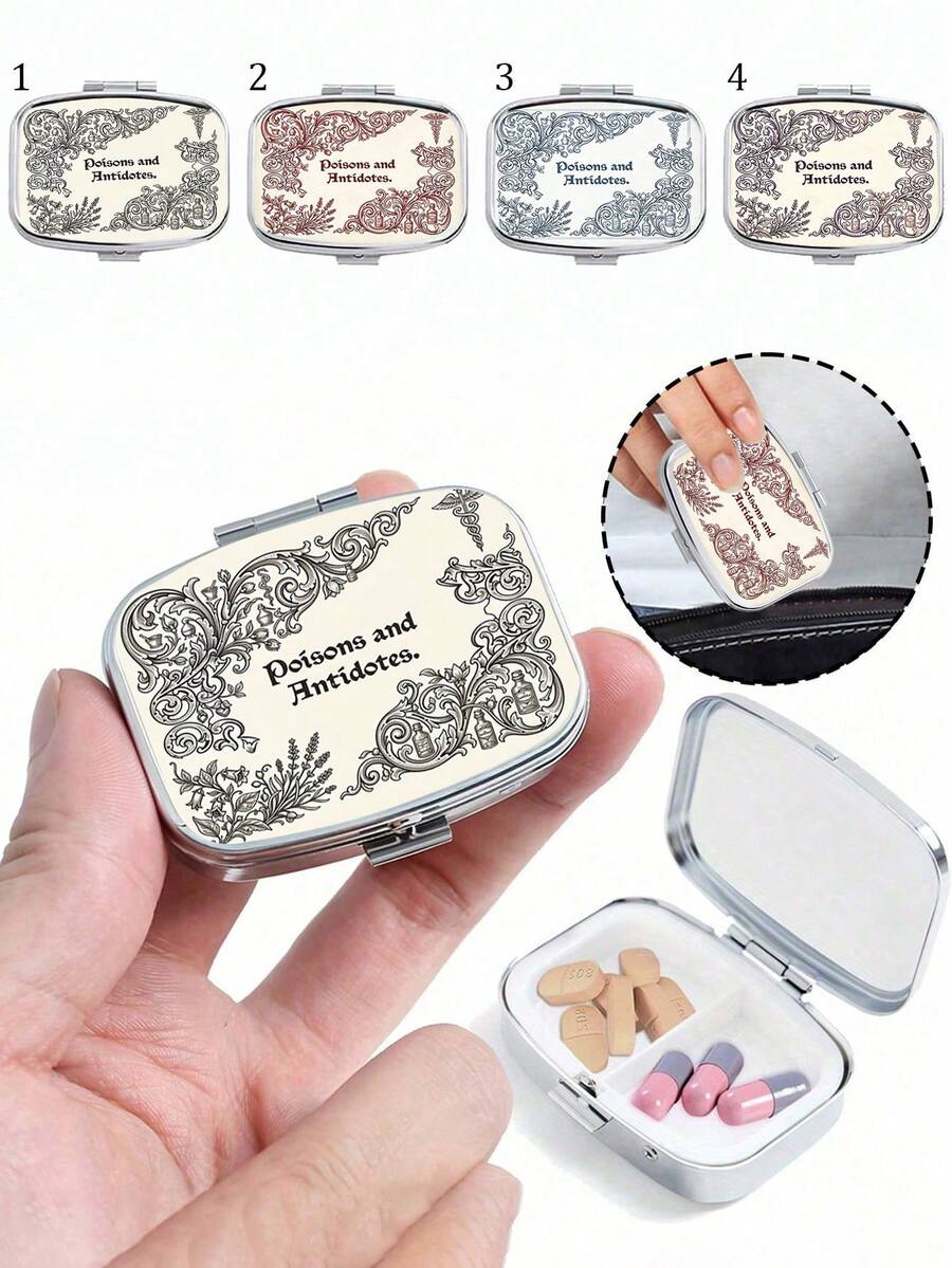 Portable Mini Pill Case, Single-Piece 2d Flat-Printed Dual-Compartment, Vintage Floral And Botanical Pattern Print, Sealed And Moisture-Proof, Capsule And Vitamin Organizer, Pocket-Sized Travel Medicine Storage Box, 2D Flat,Only Includes The Box - Multicolor - View 1