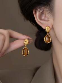1 Pair Vintage Textured Gold Teardrop Drop Earrings For Women, Autumn‑Winter Accessory For Banquet, Travel, Daily Outfits, Jewelry Gift - Gold - View 3