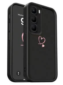 1pc Matte Stepped Eye Frame Phone Case, Minimalist Pink Heart Phone Case For Android, Simple Black Matte Aesthetic Phone Cover, Cute Girl Style Anti-Drop Protective Shell, Compatible With Samsung, Series Phones - Black - View 3