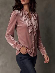 Plus Size Velvet Ruffle Collar Blouse Women Vintage Pearl Button Puff Long Sleeve Autumn/Winter Top - Pink - View 4
