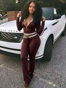 Autumn/Winter Fashion Polo Collar Zip-Up Patchwork Ribbed Top & Elastic Straight Leg Casual Pants 2 Pieces Set - Coffee Brown - View 1