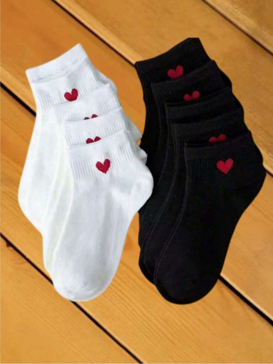 1/5/10/20 Pairs Women/Couple Cute Heart Pattern Versatile Short Socks, Invisible Socks, Suitable For Daily, Festival, Outdoor Wear - Black and White - View 1