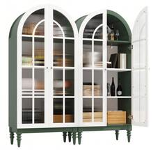 165 Cm Arched Display Cabinet With Double Fluted Glass Doors, 3 Shelves, 2 Colors (Dark Green + White) - Green 1 - View 1