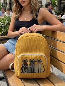 1PC Women's Mini Backpack, Corduroy Girls School Bag, Travel Storage Bag, Kitten Print Design, Large‑Capacity Foldable Easy‑To‑Store Bag, Lightweight & Pressure‑Relieving, Multi‑Pocket Layered Design With Zipper Closure - Three Little Kittens 3333749 - View 1