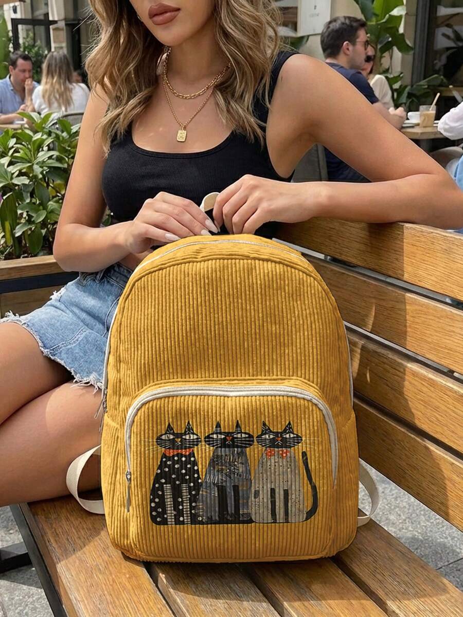 1PC Women's Mini Backpack, Corduroy Girls School Bag, Travel Storage Bag, Kitten Print Design, Large‑Capacity Foldable Easy‑To‑Store Bag, Lightweight & Pressure‑Relieving, Multi‑Pocket Layered Design With Zipper Closure - Three Little Kittens 3333749 - View 1