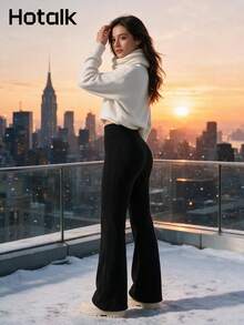 Hotalk Winter Thickened Warm Fleece Lined Flare Leggings, High Waist Elastic Slim Fit Warm Micro Flare Pants, Suitable For Daily Cold Weather - Black - View 6