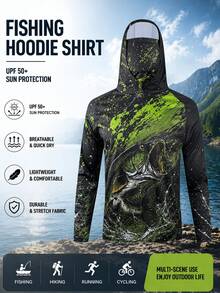 Men's High Performance Fishing Hoodie, UV Protection, Quick Dry, Long Sleeve, Bass Fish Pattern Shirt, Lightweight & Breathable, Outdoor Fishing, Boating, Hiking Top - Multicolor - View 1