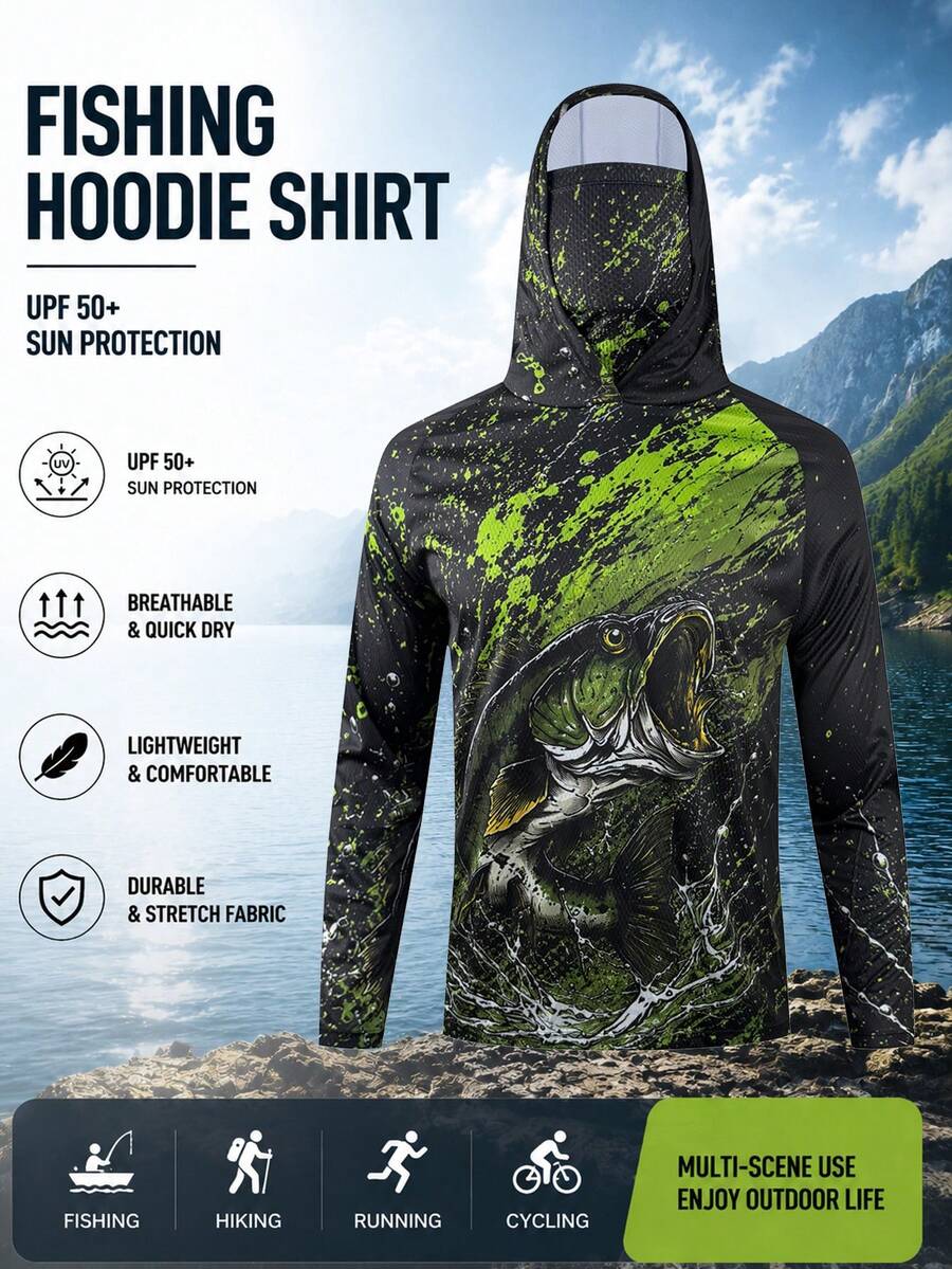 Men's High Performance Fishing Hoodie, UV Protection, Quick Dry, Long Sleeve, Bass Fish Pattern Shirt, Lightweight & Breathable, Outdoor Fishing, Boating, Hiking Top - Multicolor - View 1