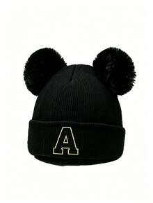 1pc Black Fashionable 26 Letter Patch Random Versatile Street Style Beanie Hat Unisex Warm & Cold-Proof Knitted Cap - A - View 4