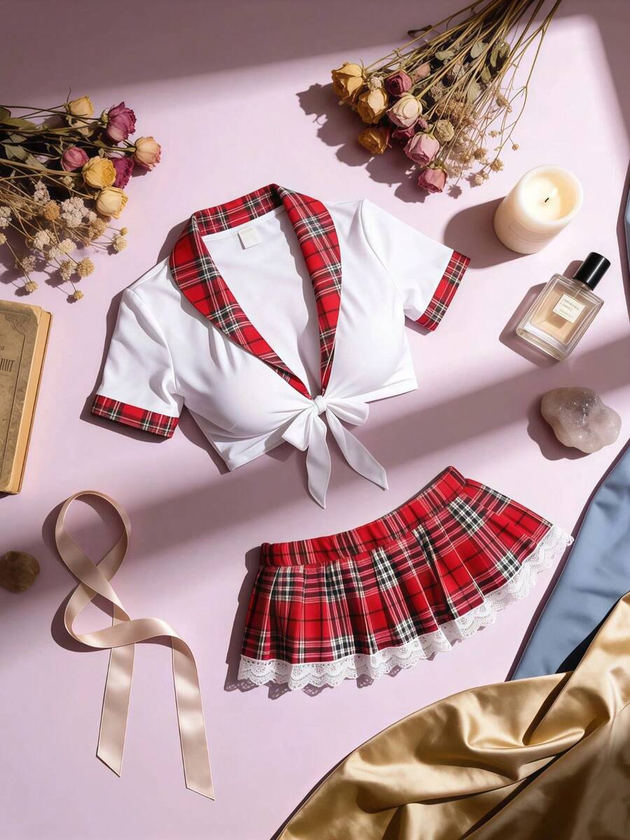 2pcs Red Plaid School Theme Party Outfit Set, Lace Tie Top And Pleated Mini Skirt, Suitable For Halloween Costume Party - Red and White - View 1