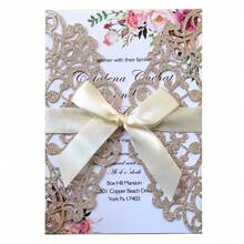 10pcs/Pack Silver & Light Gold Sparkly Laser Cut Wedding Invitations(Includes Blank Cards, Envelopes, & Ribbon Bows), Elegant High-Grade Invitation Cards For Weddings & Parties - Multicolor - View 40