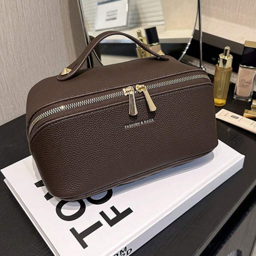 Large Capacity Travel Makeup Bag PU Leather Handheld Cosmetic Bag Unisex Toiletry Bag, Travel Essential - Multicolor - View 1