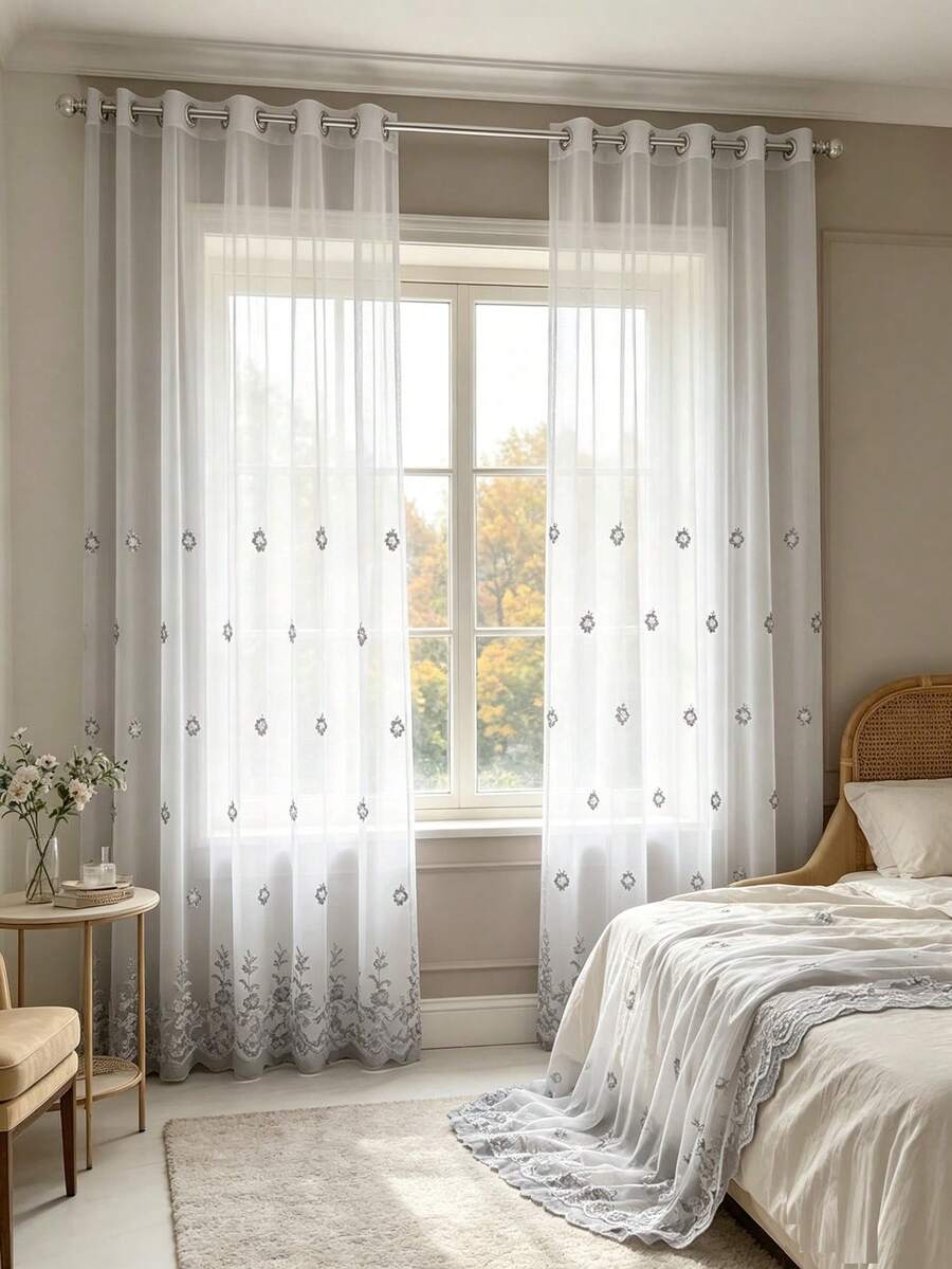 1pc Grey Tone Heavy Embroidery Premium Embossed Sheer Curtain, Grommet Style European Bedroom Balcony Bay Window Translucent Voile Curtain - Multicolor - View 1