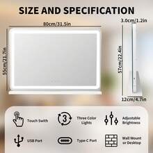 80*55*12cm Vanity Mirror With LED Lights, Makeup Mirror With 10X Magnification Mirror, 3 Color Modes Dimmable Touch Control USB Charging Desktop & Wall Mounted Light Up Mirror For Bedroom Dressing Room - White - View 3