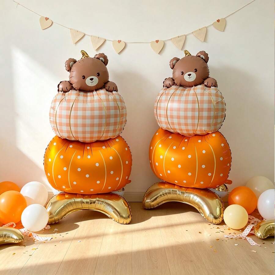 2pcs Standing Aluminum Foil Balloons With Base, Bear & Pumpkin Combination Design, Autumn Theme Party Window Indoor Outdoor Decoration Props - Multicolor - View 1