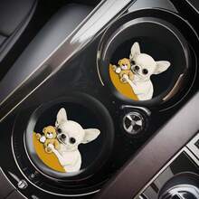 2pcs Patterned Absorbent Coasters, Suitable For Cup Holders, Non-Slip Rubber Beverage Mats, For Car Interior Decoration, Water Cup Anti-Slip Pads, Car Cup Holders - Chihuahua Coaster - View 2