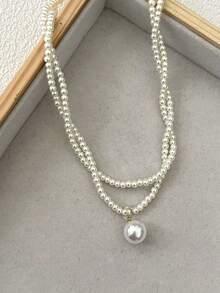 1pc Double Layer Faux Pearl Necklace, Fashionable Niche Elegant Collarbone Chain - White - View 3