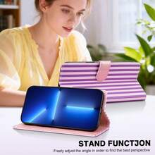 GLANDOTU Purple And White Vertical Striped PU Leather Wallet Phone Case, Flip Cover Design, Multiple Card Slots, Built-In Stand, Shockproof Protection, Compatible With Multiple Phone Models - Multicolor - View 3