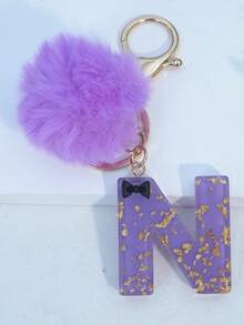 Minimalist Cute Initial Keychain A-Z Women's Bag Charm Black Bow Purple Pom Pom Key Chain Daily Wear Gift Accessory - Purple - View 9