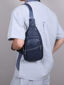 Men's Woven Sling Bag, PU Leather Crossbody Chest Backpack, Casual Shoulder Bag For Daily Travel Business Outdoor - Blue - View 2