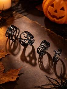 4pcs Stainless Steel Halloween Black Ring Set, Gothic Skull Spider Web Open Rings, Dark Cool Party Gathering Photo Shoot Costume Decoration Hand Jewelry - Black - View 2