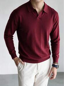 Men's Polo Collar Knit Sweater, Old Money Style, Light Business Casual, Vertical Texture, Early Autumn Commute Pullover Top - Burgundy - View 2