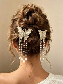 1pc Luxury Rhinestone Butterfly U-Shaped Hair Stick With Pearl Beaded Tassel, Elegant Hair Accessory For Women, Non-Damaging Hair Styling - Multicolor - View 1