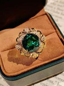 Luxury 18K Gold Plated French Court Style Hollow Design Round Green Zirconia Adjustable Women's Evening Party Ring - Green - View 2