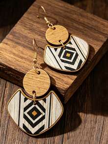 1 Pasang Anting Kayu Geometris, Anting Pola Belah Ketupat Bohemian Vintage - MultiWarna - View 3