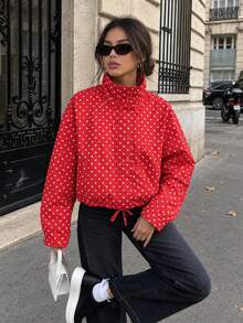 Women's Polka Dot Short Jacket Fashion Long Sleeve Top Coat Long Sleeve High Neck Drawstring Jacket Women's - Red - View 1