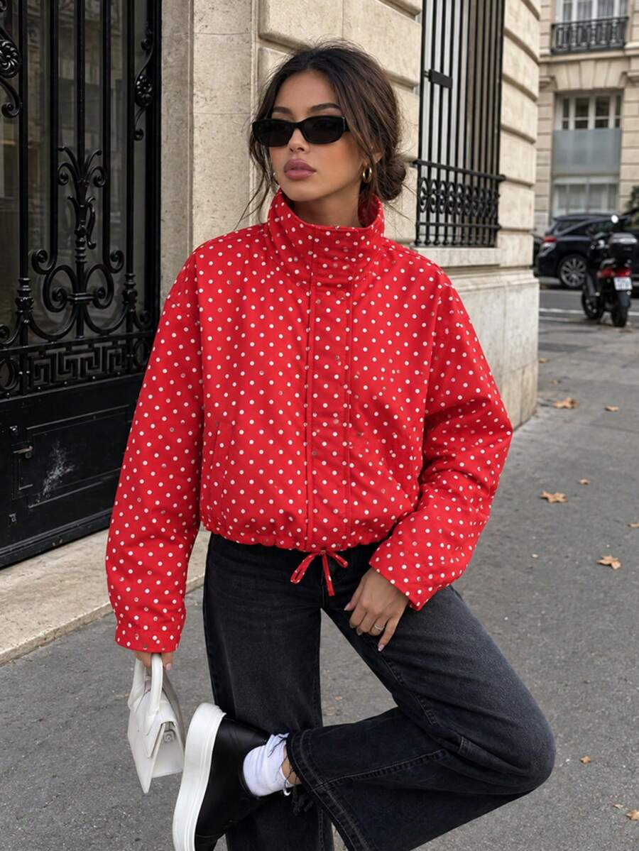 Women's Polka Dot Short Jacket Fashion Long Sleeve Top Coat Long Sleeve High Neck Drawstring Jacket Women's - Red - View 1
