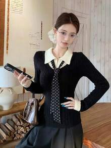 Sweater Rajut 2-in-1 Wanita, Lapisan Dalam Musim Dingin, Atasan Lengan Panjang Pendek Pas Badan - Hitam - View 1