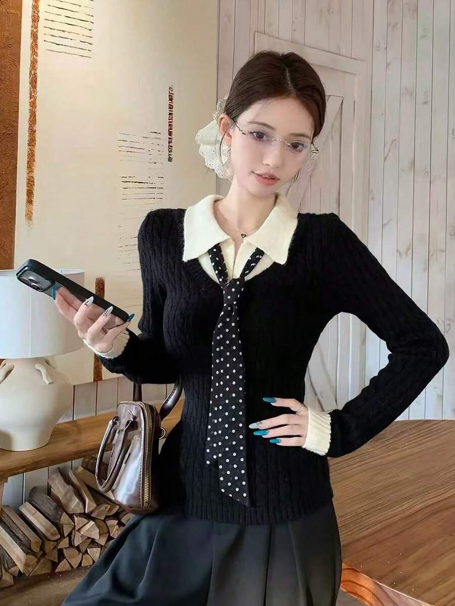Sweater Rajut 2-in-1 Wanita, Lapisan Dalam Musim Dingin, Atasan Lengan Panjang Pendek Pas Badan - Hitam - View 1