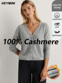 HEYMINI 100% Cashmere Women's Comfortable Grey V-Neck Knit Cardigan, Slimming Long Sleeve Sweater For Commuting, Suitable For Autumn/Winter - Grey - View 3
