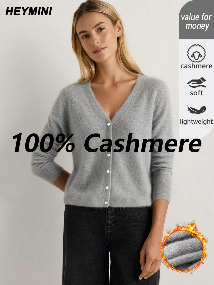 HEYMINI كارديجان محبوك من الكشمير 100% للنساء، رمادي مريح بياقة على شكل حرف V، كنزة بأكمام طويلة بتصميم نحيف للتنقل، مناسبة للخريف/الشتاء - رمادي - مشاهدة 1