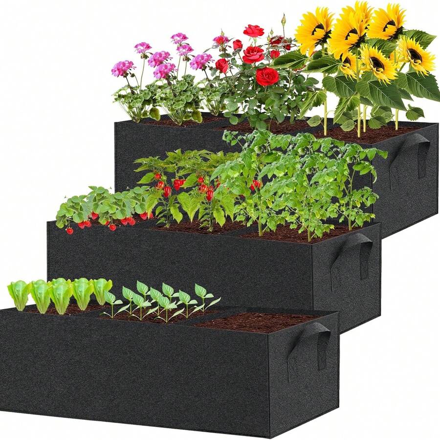 1pc Three-Compartment Breathable Plant Growing Bag, Plant Growing Mat, Rectangular Growing Bag With Three Holes, 15-Gallon (Approx. 5.7 Liters) Breathable Planter, Suitable For Outdoor Plants And Flowers - Black - View 1