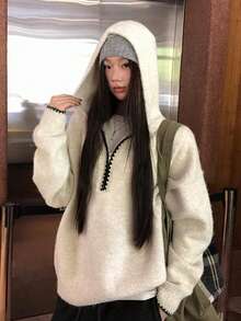 Women's Winter Half-Zip Hooded Knit Pullover Sweater Top - Apricot - View 4