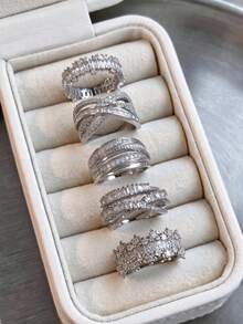 5pcs/Set Open Brass Rings, Inlaid With Cubic Zirconia, Suitable For Wedding, Party And Holiday Gifts (Gift Box Not Included) - Silver - View 4