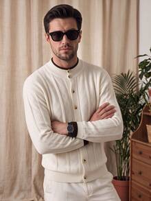 LOOKUN Autumn Winter Colorblock Royal Style High-End Old Money Aesthetic Semi-High Neck Long Sleeve Cardigan Knit Sweater Jacket - Apricot - View 2