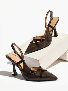 Women's Metal Buckle Cross Strap Slingback Pointed Toe Chunky Heel High Heel Pumps Elegant Dark Brown Mirror Patchwork Low Vamp Shoes Suitable For Party Daily Wear Spring Summer Autumn Winter - Coffee Brown - View 7