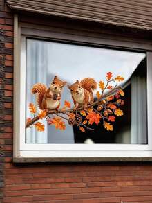 Baofeng 1pc Maple Branch Squirrel Pinecone Window Sticker, Self-Adhesive, Autumn Decor, Halloween Decor, Thanksgiving Decor, Halloween Home Decoration - Orange - View 8