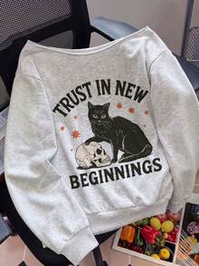 Women's Halloween Heather Gray Off‑The‑Shoulder Oversized SweatshirtBlack Cat &Skull Print Casual Long‑Sleeve Pullover For Fall Back‑To‑School Outfits - Grey - View 2