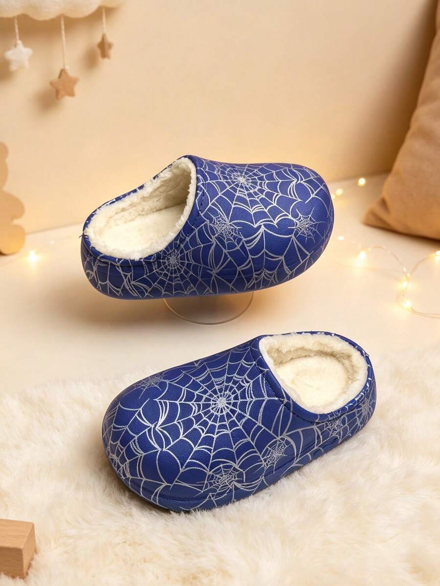 1 Pair Spider Web Pattern Fleece Slip-On Kids Shoes, Warm & Comfortable House Shoes, Suitable For Indoor & Outdoor Daily Wear - Blue - View 1