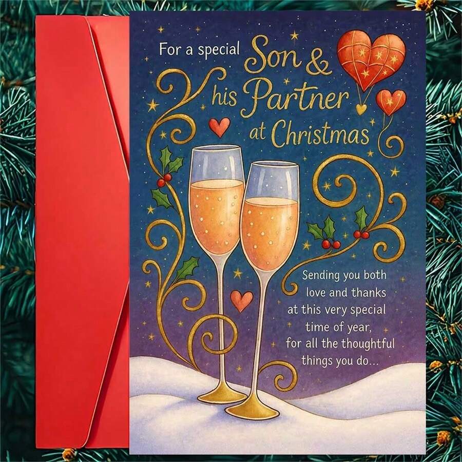 1 Greeting Card + 1 Envelope Elegant Christmas Card Champagne Glass Heart Design "Love For You Two" Suitable For Son And Partner Holiday Art Card - Multicolor - View 1