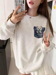 Cute Cartoon West Highland Terrier Print Gray Crew Neck Sweatshirt, Casual Versatile Loose Fit Base Layer Autumn Top - White Grey - View 1