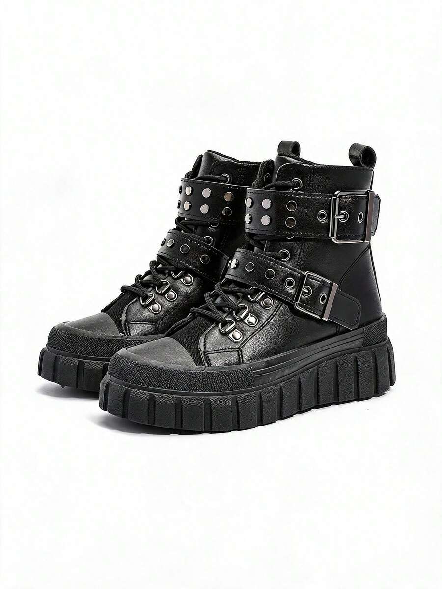 DareSee Fall/Winter 2025 Black Solid Color Lace-Up Platform Thick Sole Rivet Metal Decor Belt Buckle High-Top Women Casual Versatile - Black - View 1