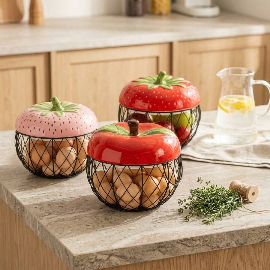 ZSLuckyHome 1pc Cute Strawberry And Apple Shaped Ceramic Top Wire Basket, Decorative Kitchen Countertop Fruit And Egg Storage Rack, Multi-Purpose Coffee Capsule, Vegetable, Snack Storage Box, Farmhouse Style Kitchen Decor, Unique Housewarming Gift
