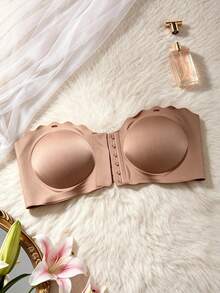 Bra Bandeau Wanita dengan Penutup Depan, Trim Bergelombang, Tepi Silikon Anti-Selip yang Lebih Lebar, Lingerie Tanpa Kawat dan Tanpa Jahitan, Lapisan Lembut dan Nyaman - Coffee Brown - View 3
