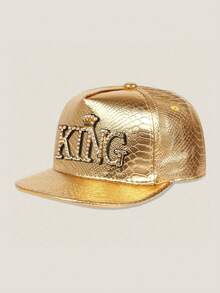 1pc Unisex KING Crown Metal Decor PU Leather Flat Brim Baseball Cap, Large Head Circumference, Street Style Party Baseball Cap, Hip Hop Hat, Halloween Costume Decor Hat, Trucker Hat - A - View 10