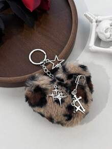 1pc Sweet & Cool Girl Style Heart Plush Bag Charm, Leopard Print Faux Fur Fabric, Starburst Cross Metal Pin Accessory, Daily Commute Outfit Bag & Key Pendant - Multicolor - View 8